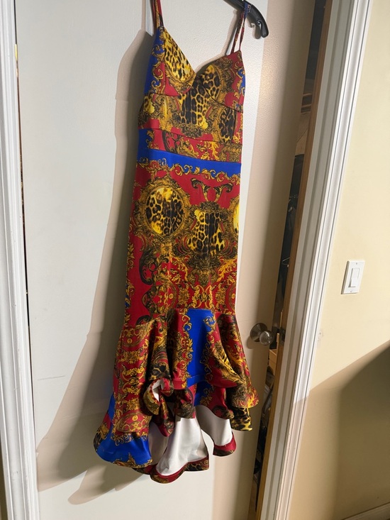 AKIRA Dresses & Skirts - AKIRA Red, Blue & Gold Baroque Print High-Low Dress